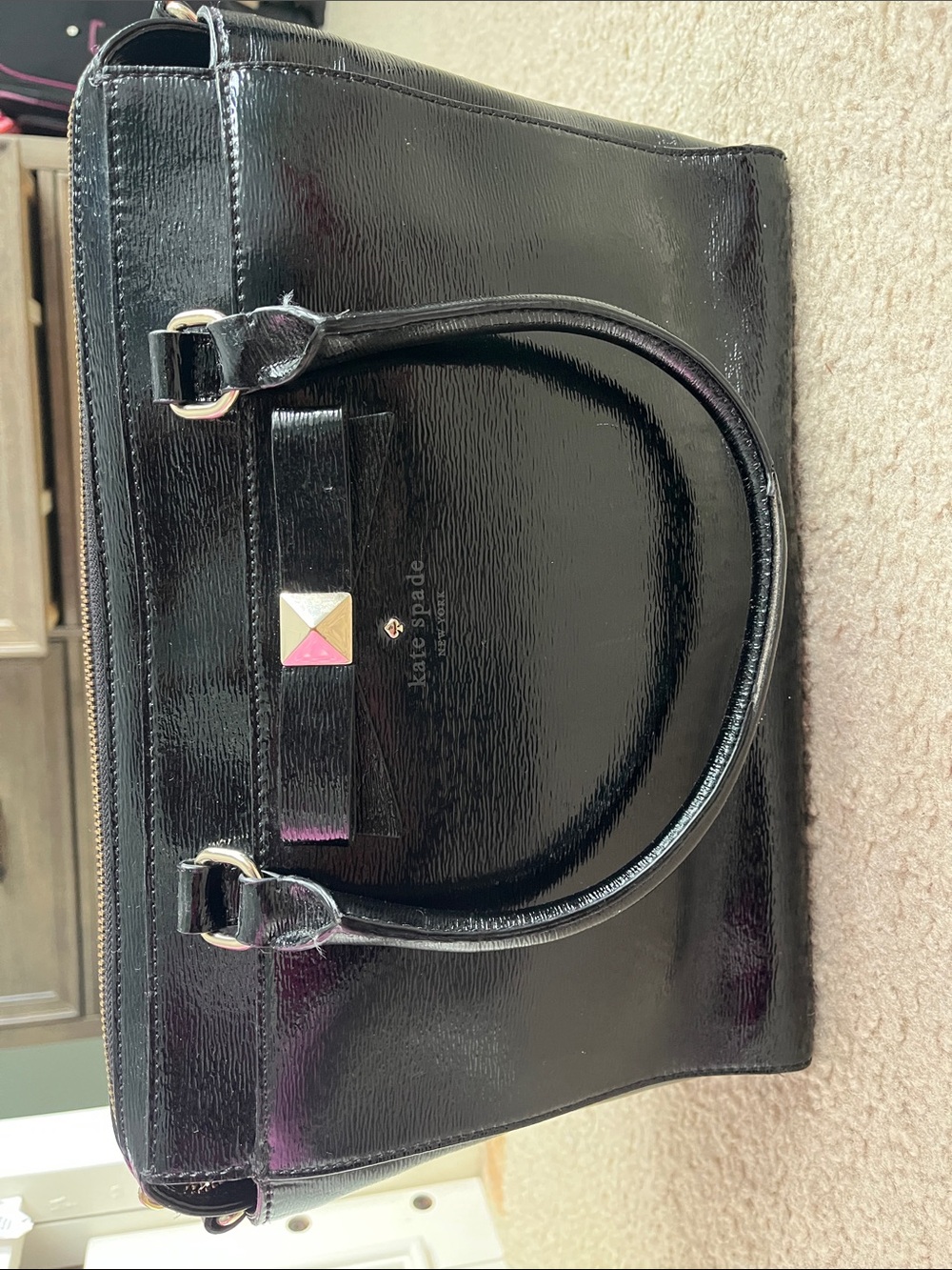 kate spade Black Patent Leather Satchel with Pyramid Accent